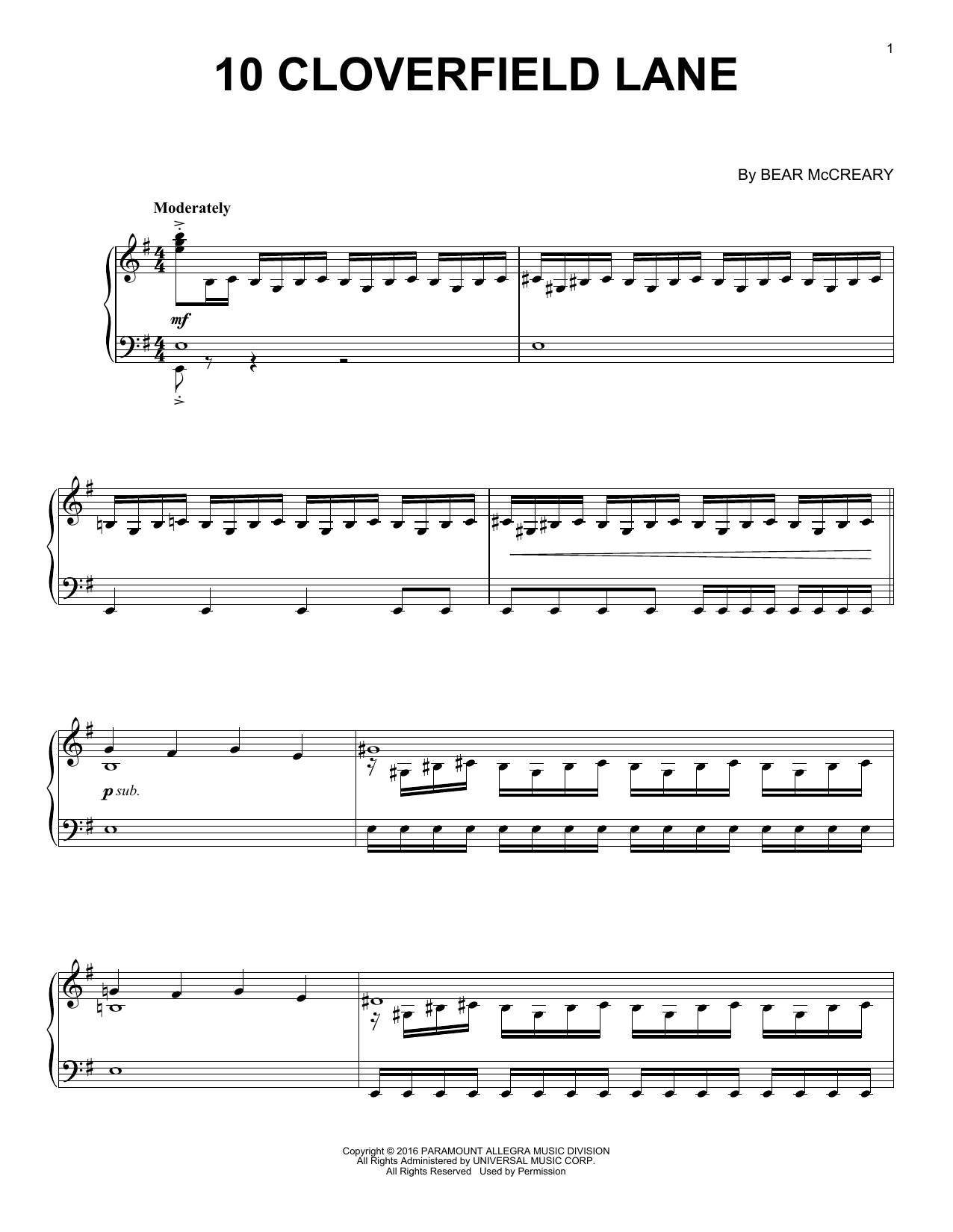 Bear McCreary 10 Cloverfield Lane (Main Title) sheet music notes printable PDF score