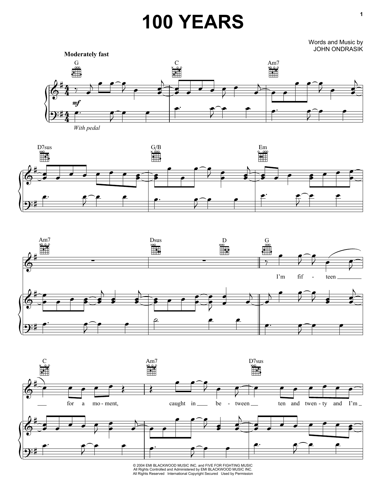 Five For Fighting 100 Years sheet music notes printable PDF score