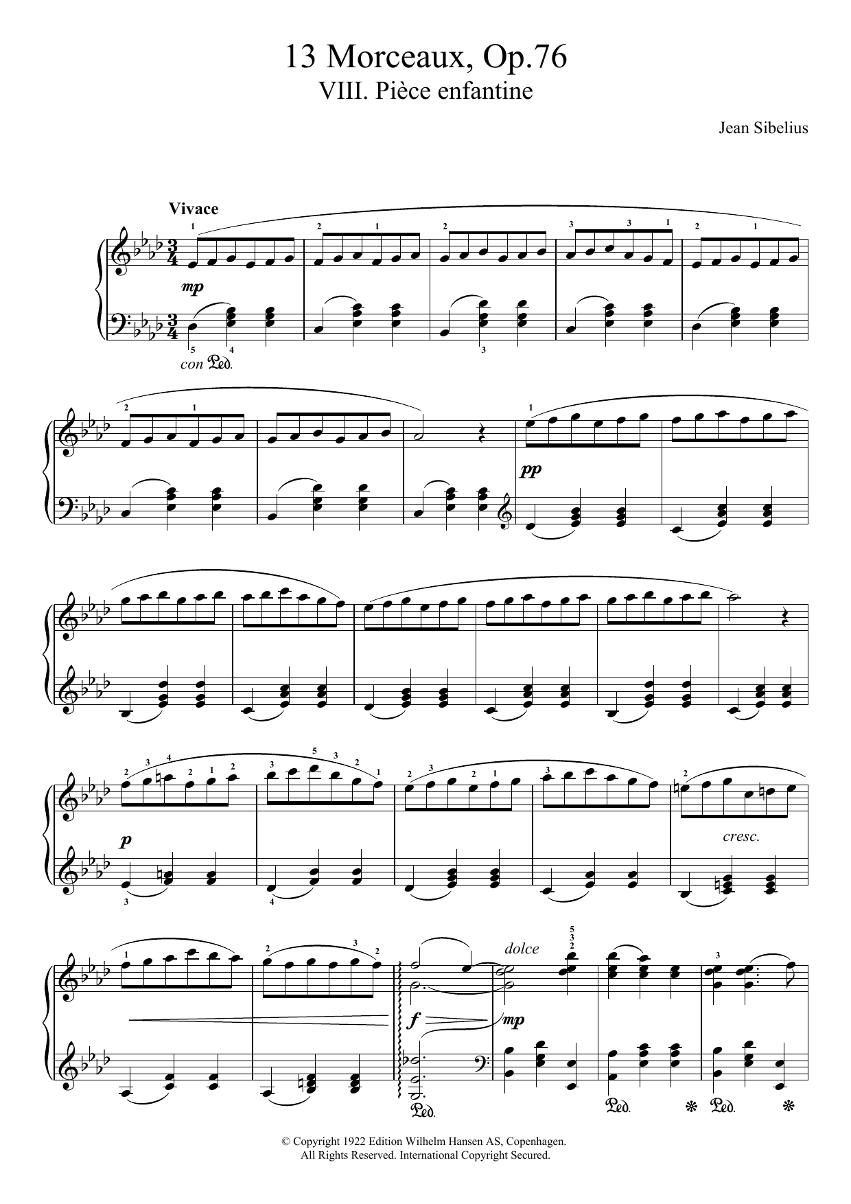 Download Jean Sibelius 13 Morceaux, Op.76 - VIII. Pièce Enfan Sheet Music