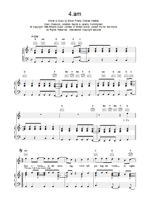The Levellers 4am sheet music notes printable PDF score