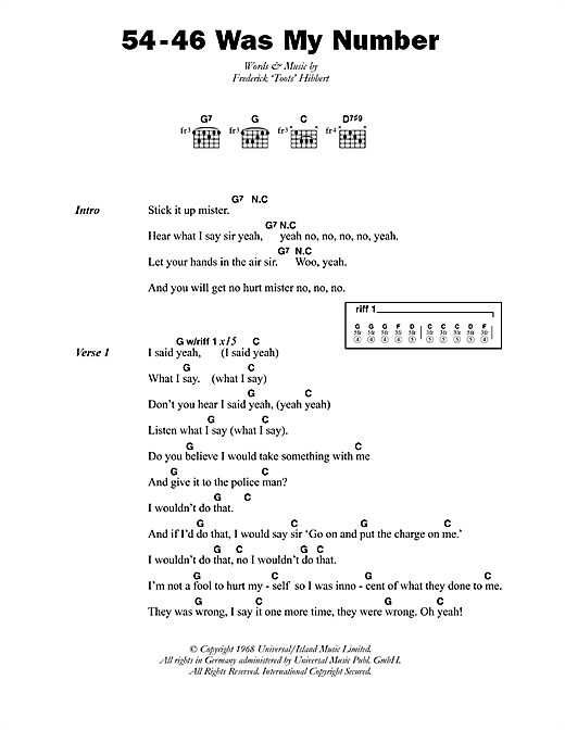 Download Toots & The Maytals 54-46 Was My Number Sheet Music