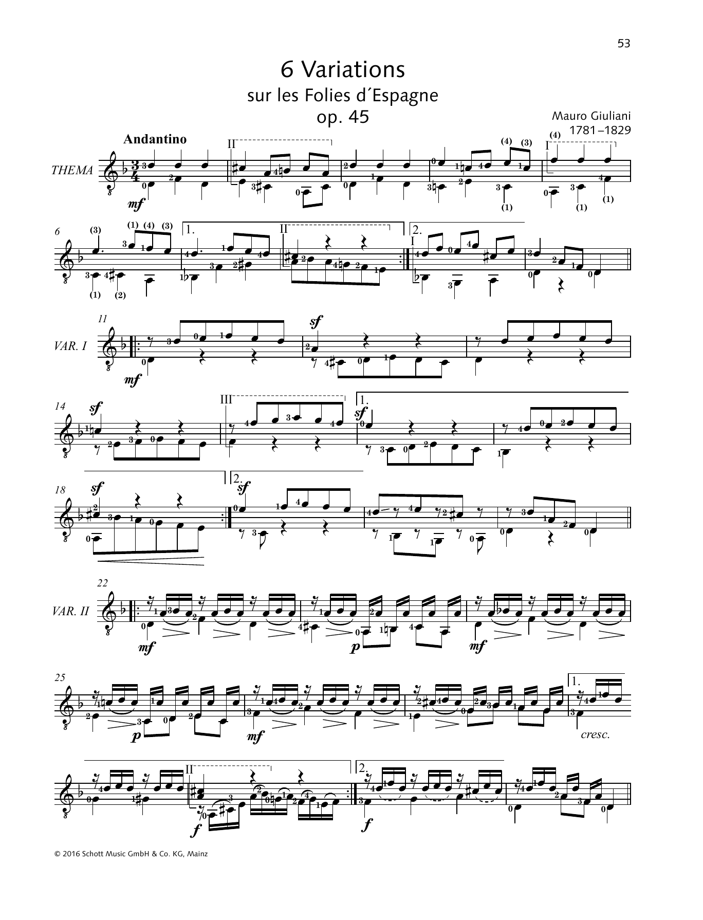 Download Mauro Giuliani 6 Variations Sheet Music