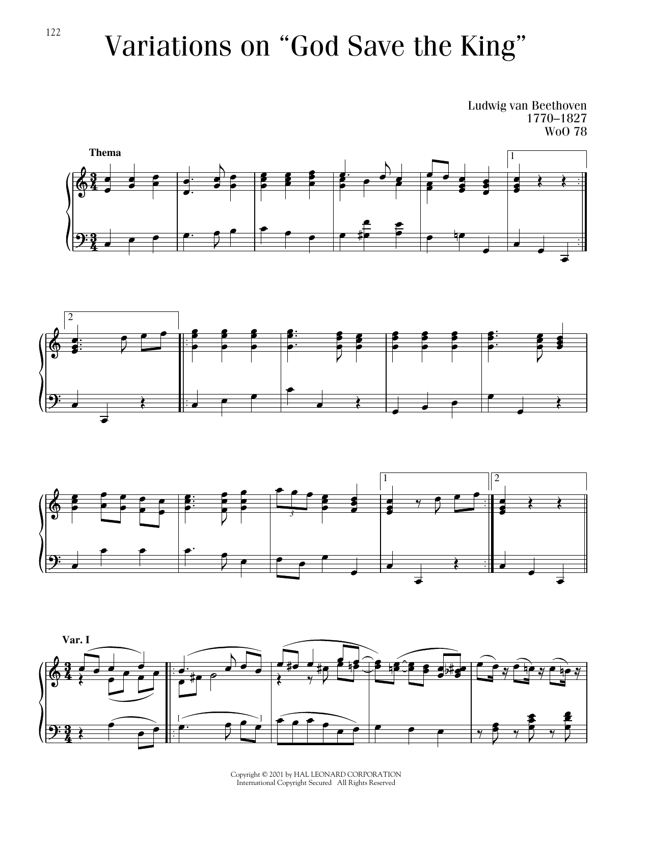 Ludwig van Beethoven 7 Variations On God Save The King, WoO 78 sheet music notes printable PDF score