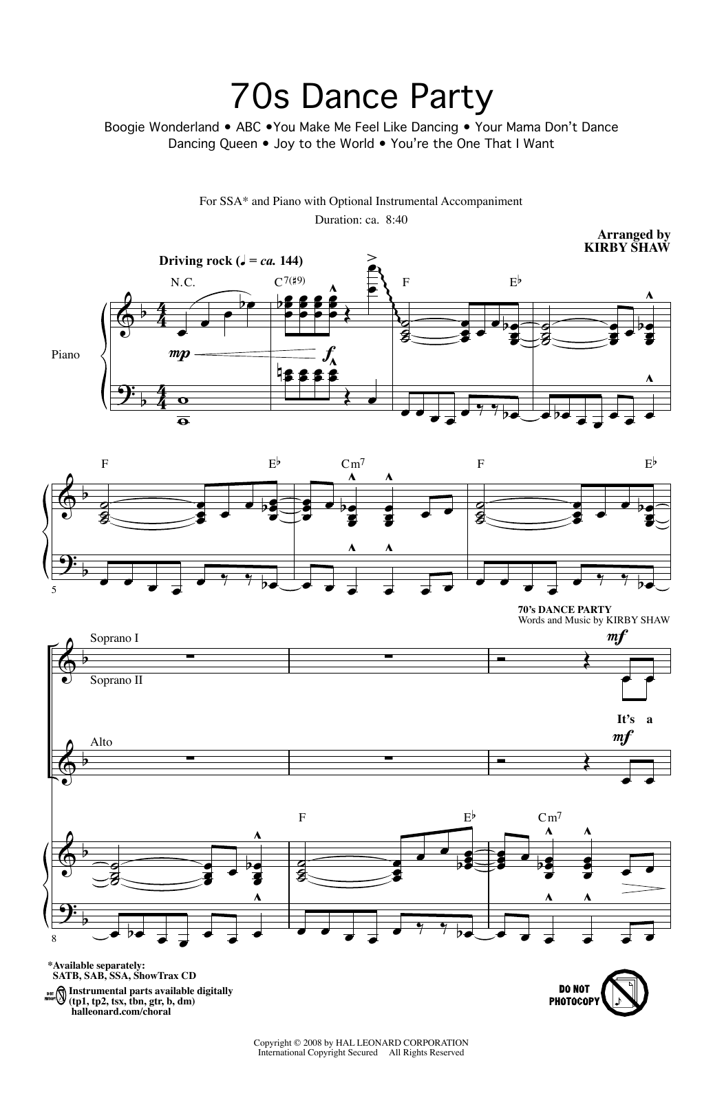 Download Kirby Shaw 70s Dance Party (Medley) Sheet Music