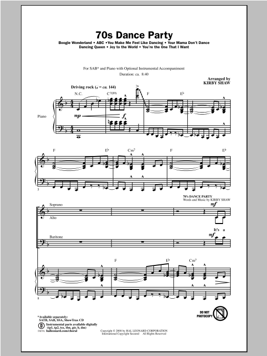 Download Kirby Shaw 70s Dance Party (Medley) Sheet Music