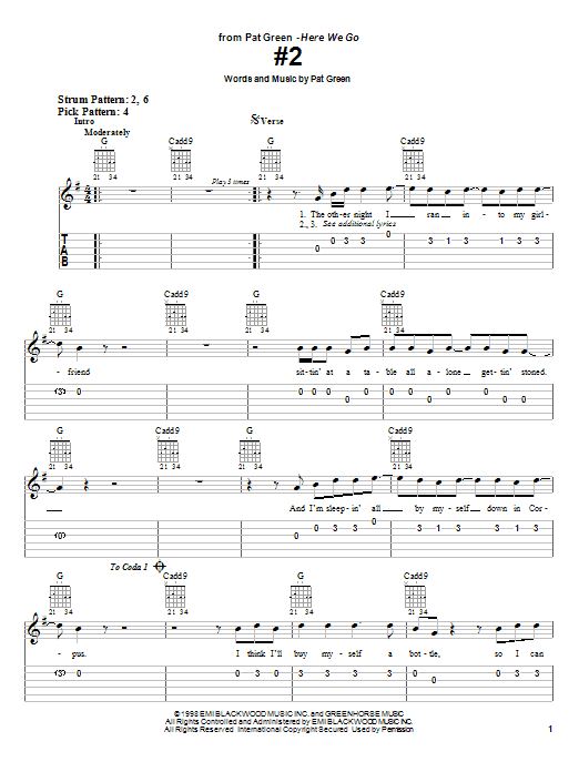 Pat Green #2 sheet music notes printable PDF score