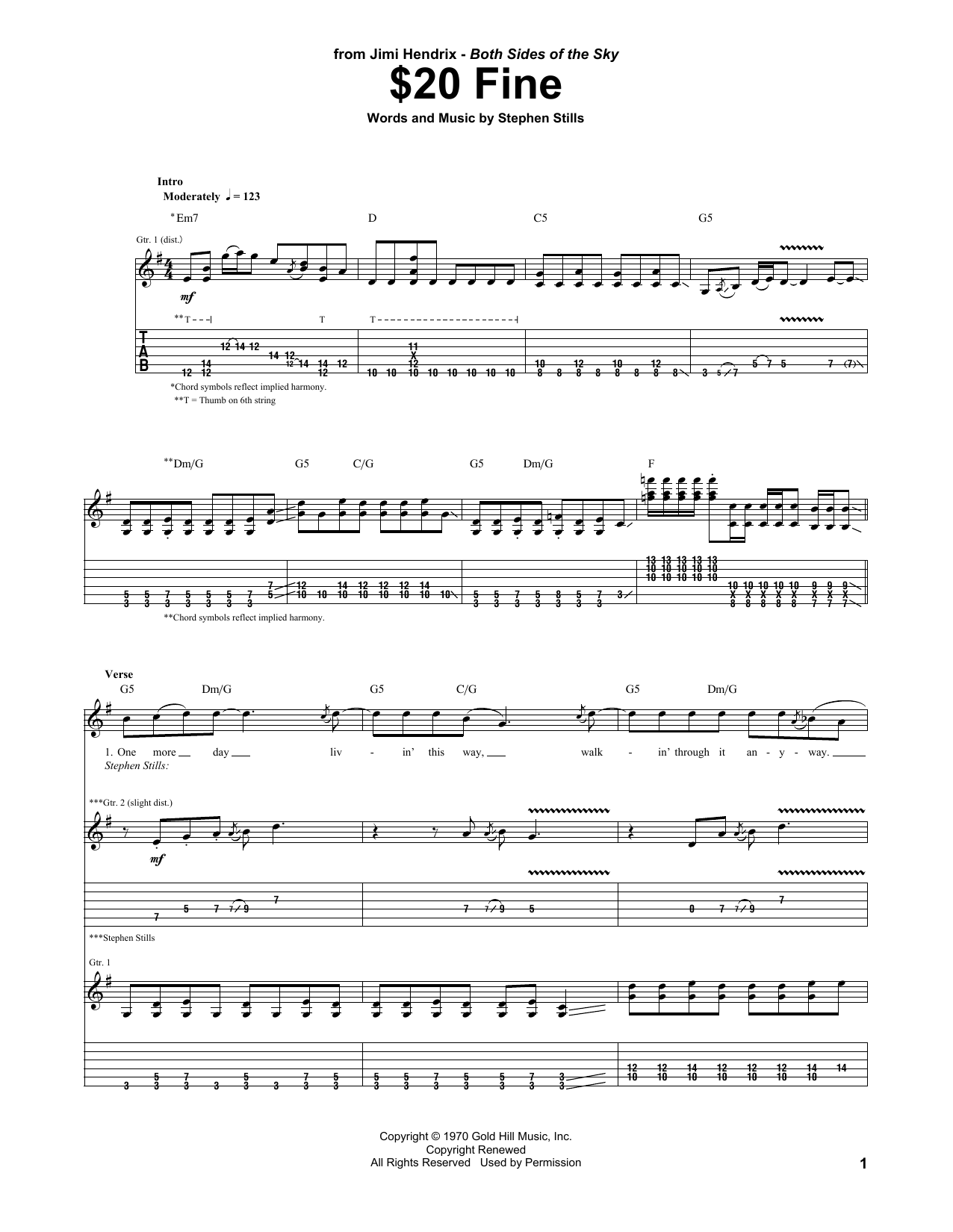 Jimi Hendrix $20 Fine sheet music notes printable PDF score