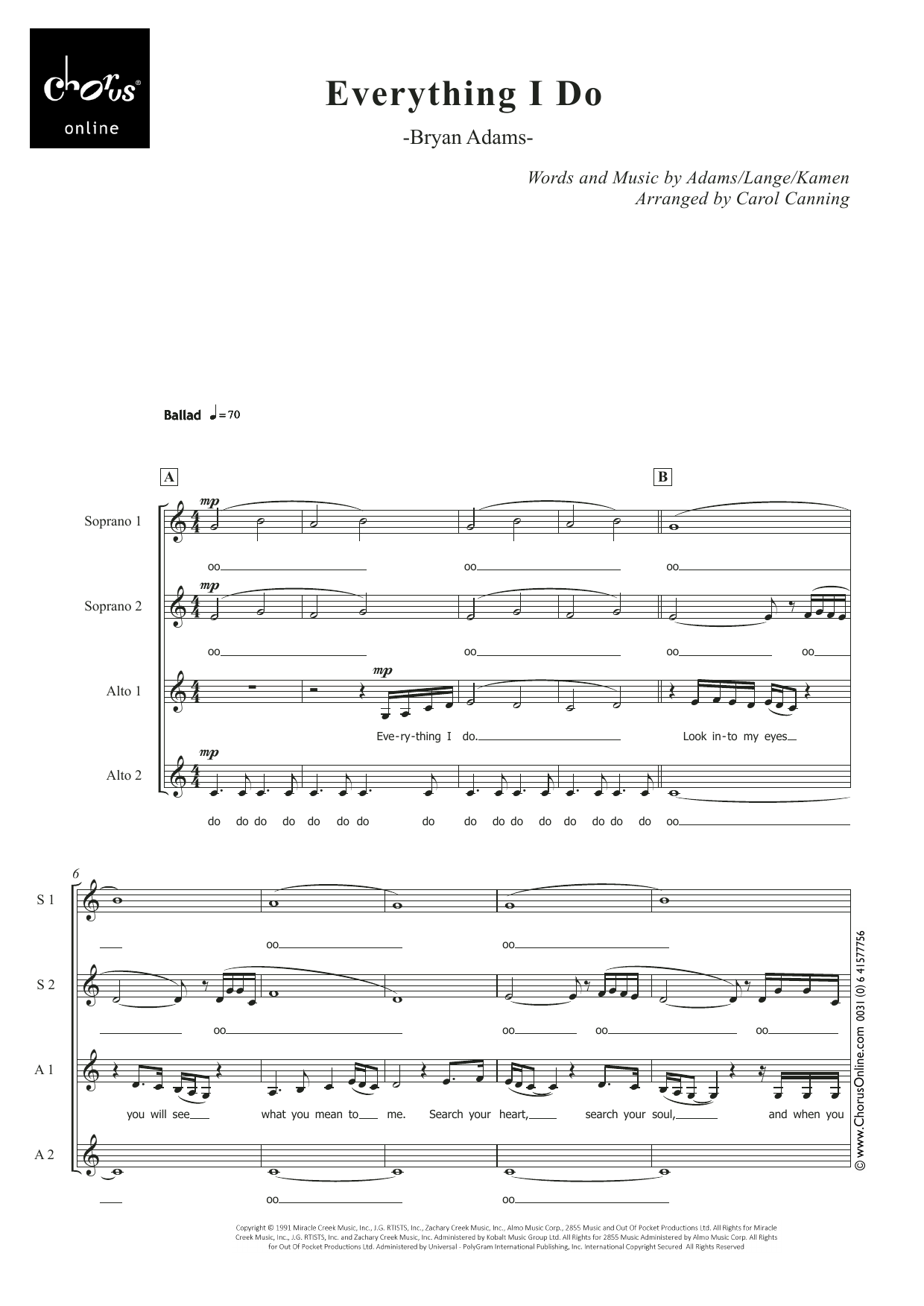 Bryan Adams (Everything I Do) I Do It for You (arr. Carol Canning) sheet music notes printable PDF score