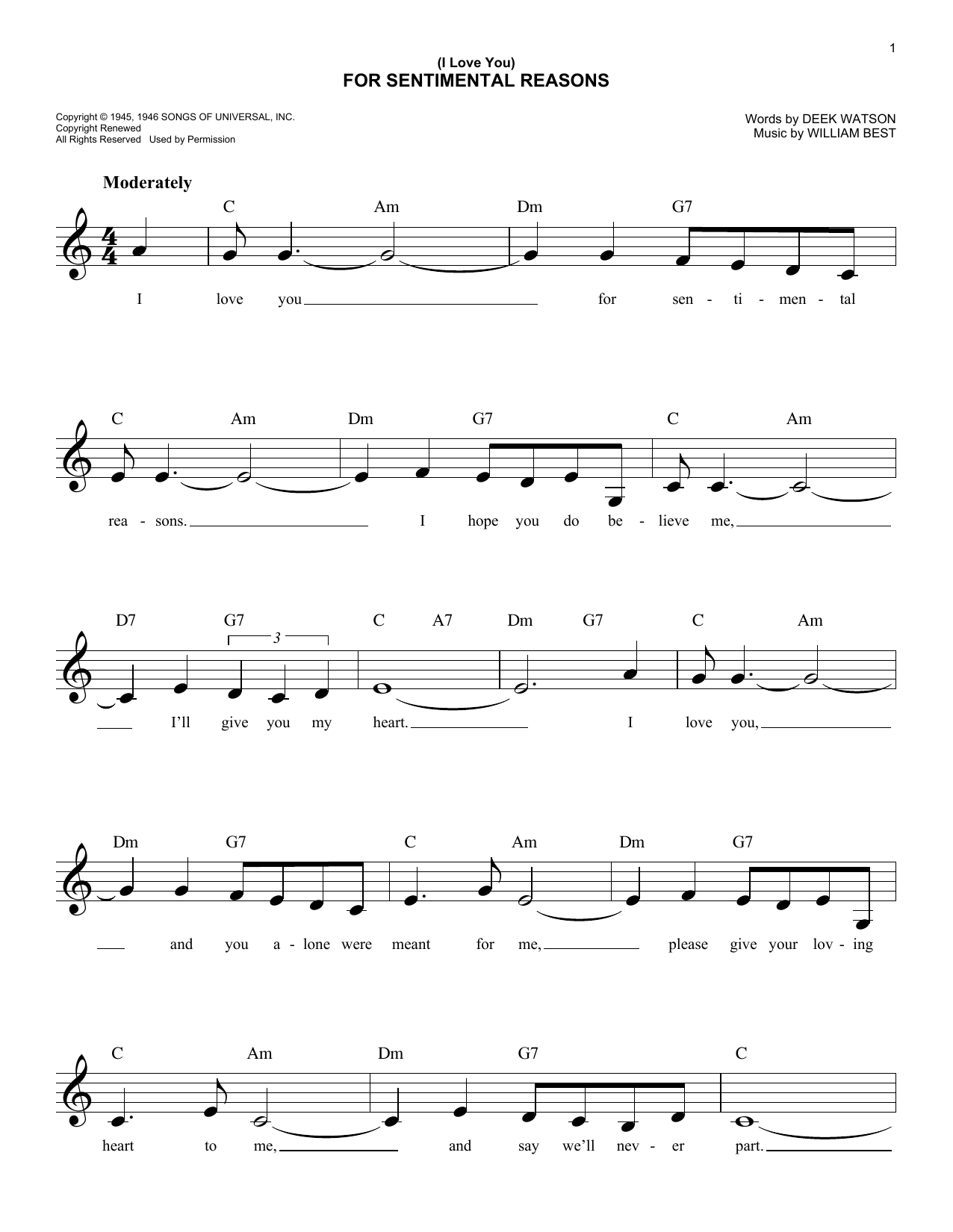 King Cole Trio (I Love You) For Sentimental Reasons sheet music notes printable PDF score