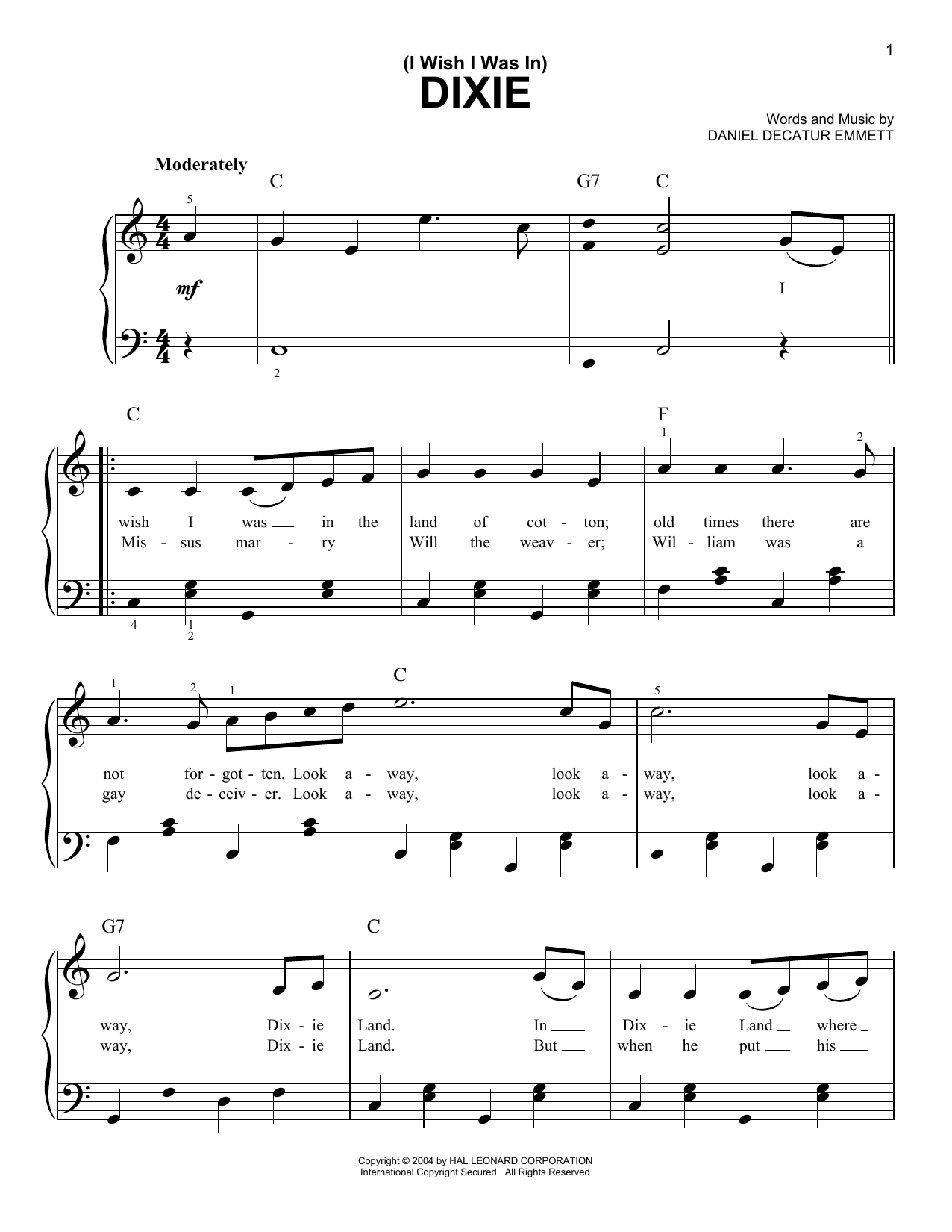 Daniel Decatur Emmett (I Wish I Was In) Dixie sheet music notes printable PDF score