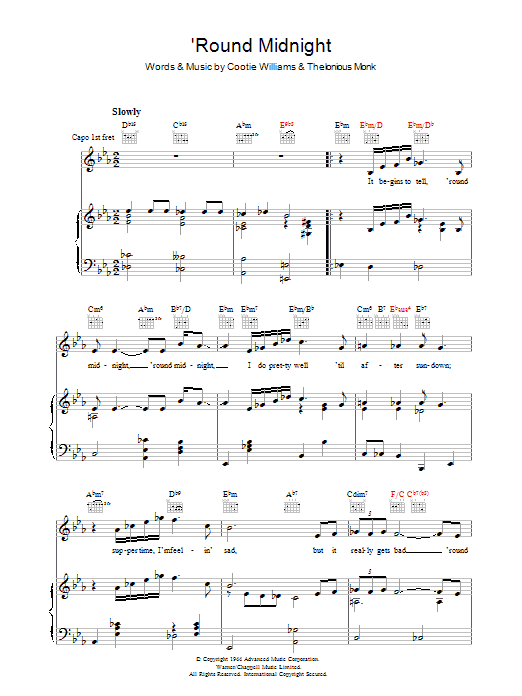 Thelonious Monk 'Round Midnight sheet music notes printable PDF score