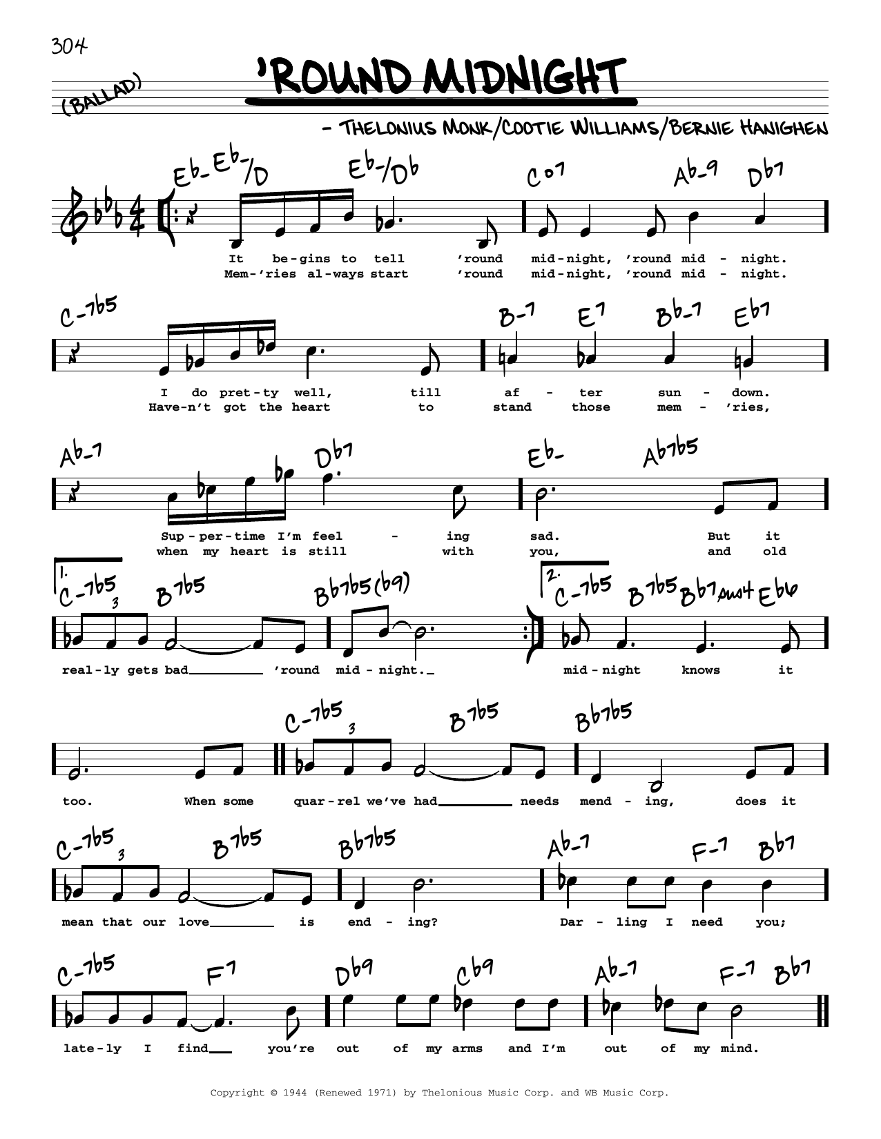 Download Thelonious Monk 'Round Midnight (High Voice) Sheet Music