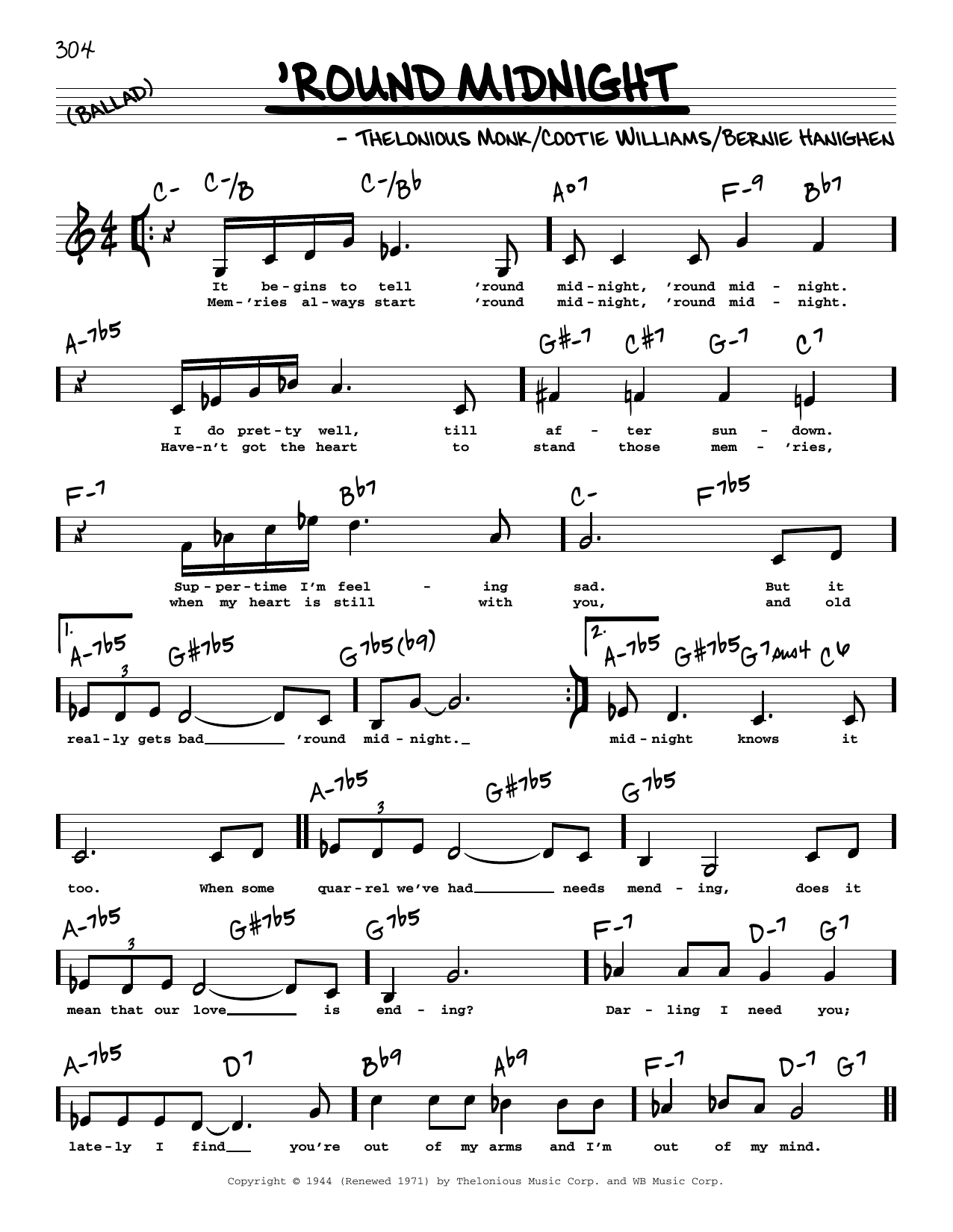 Thelonious Monk 'Round Midnight (Low Voice) sheet music notes printable PDF score