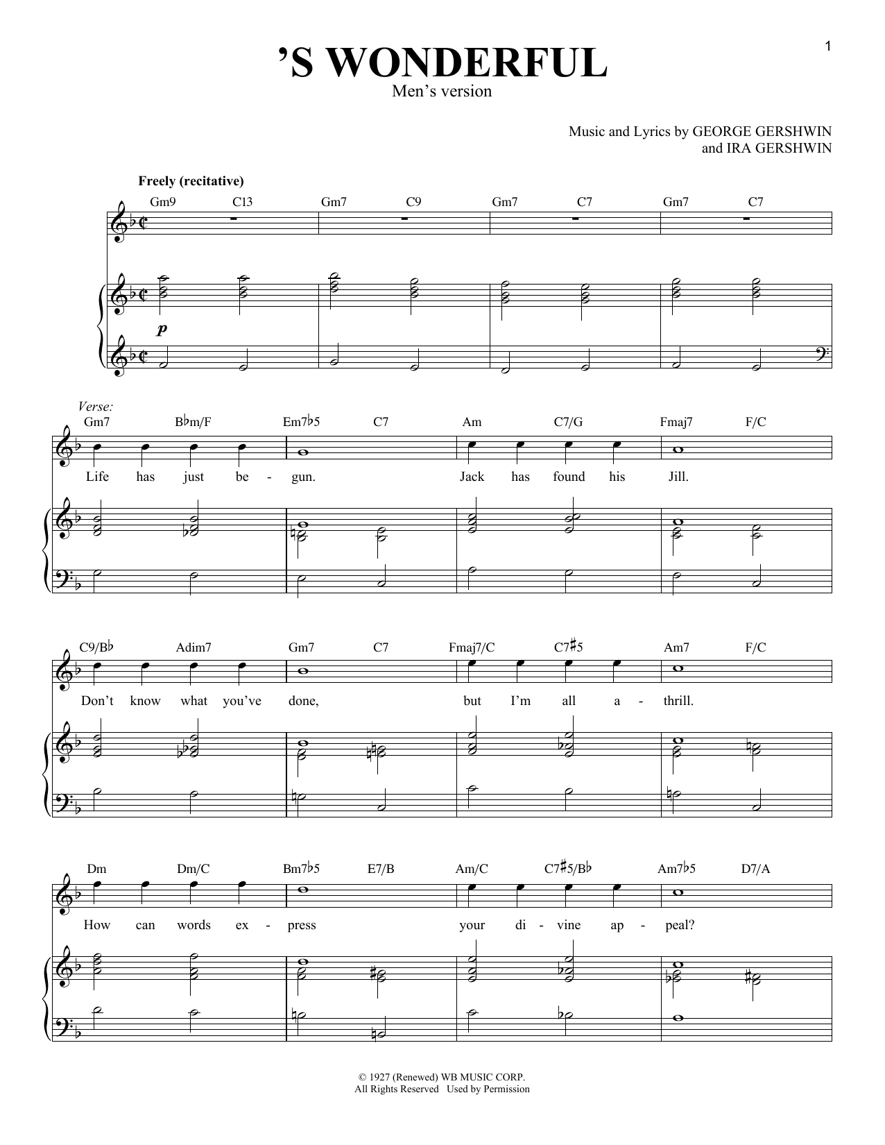 Download George Gershwin 'S Wonderful [Men's version] Sheet Music