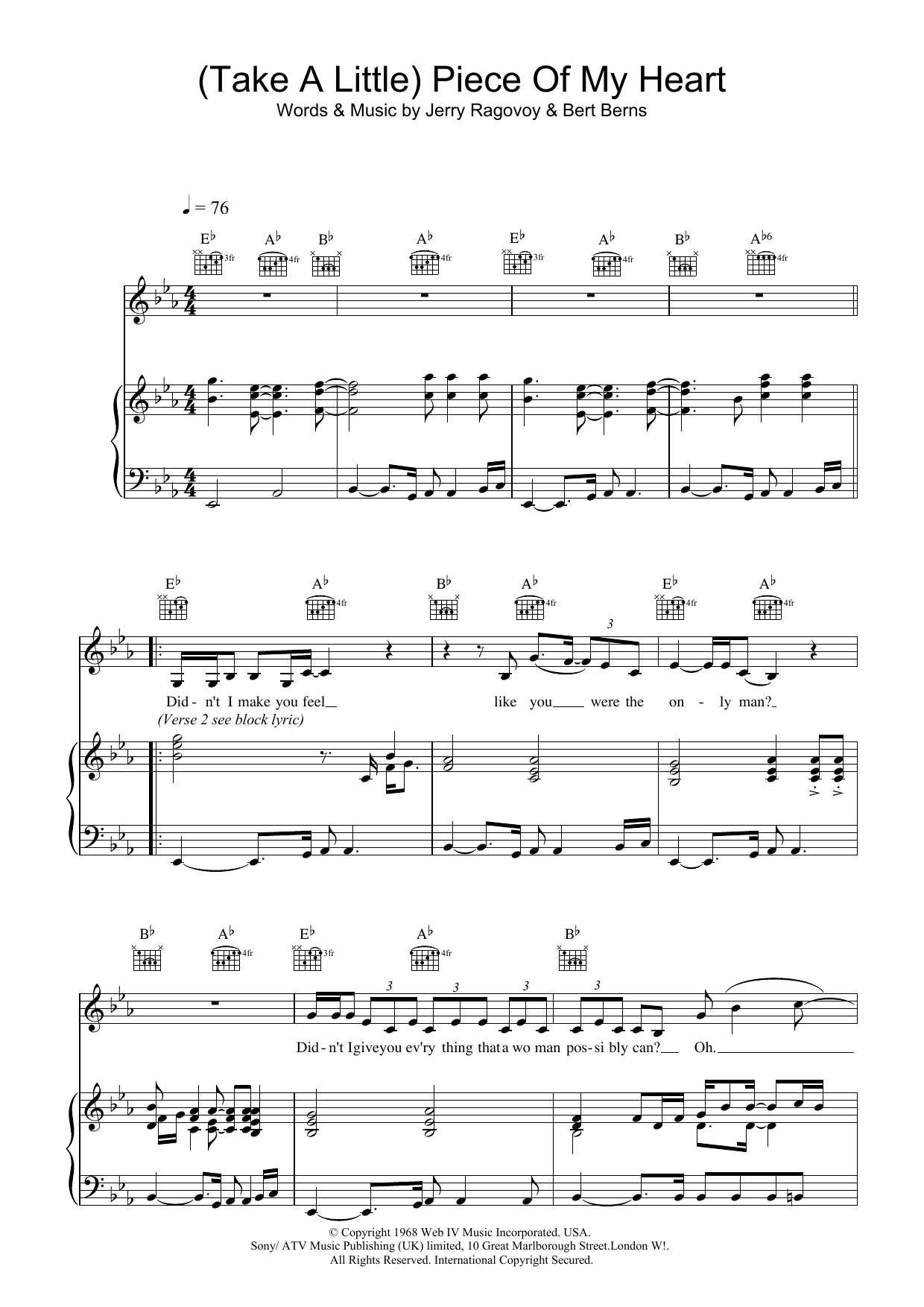 Erma Franklin (Take A Little) Piece Of My Heart sheet music notes printable PDF score