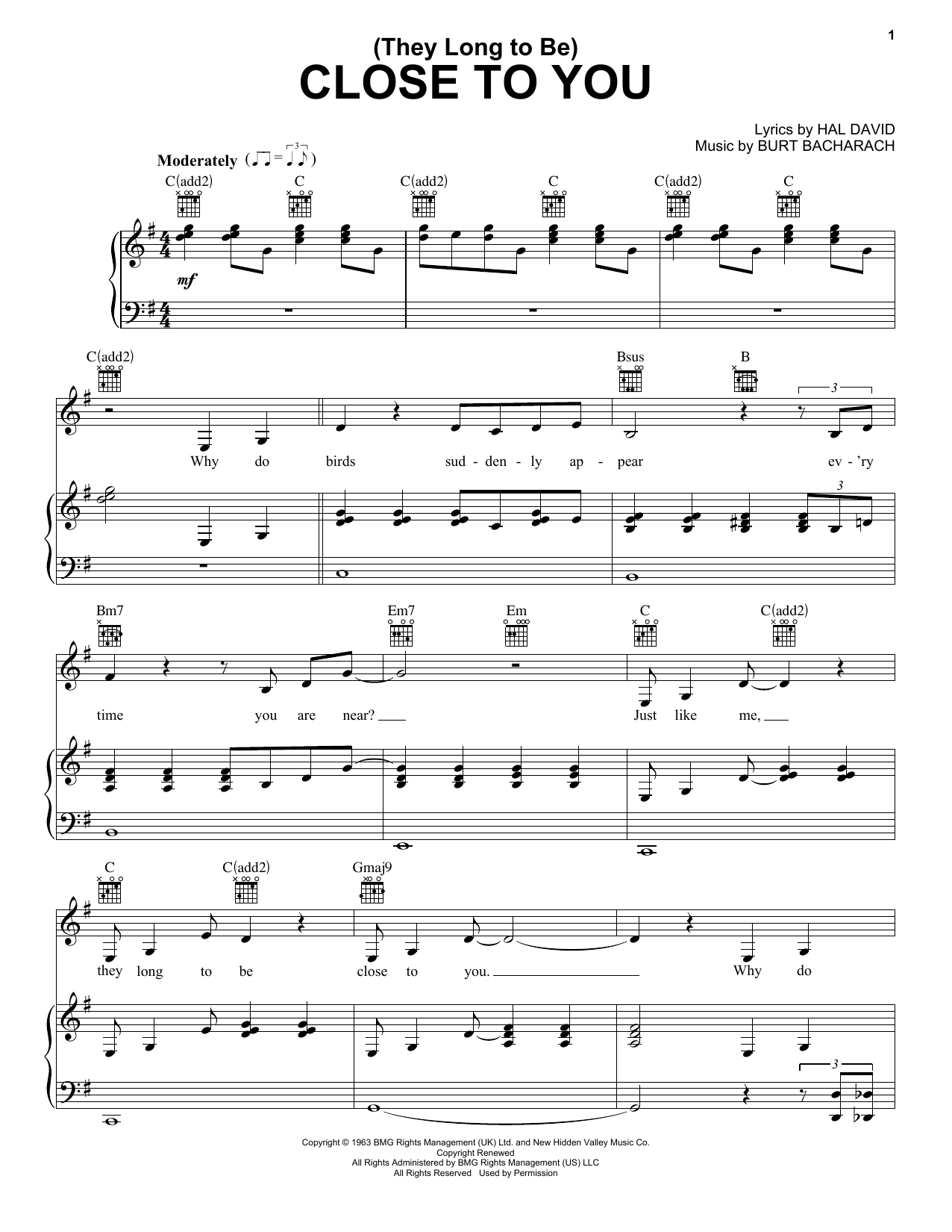 The Carpenters (They Long To Be) Close To You sheet music notes printable PDF score