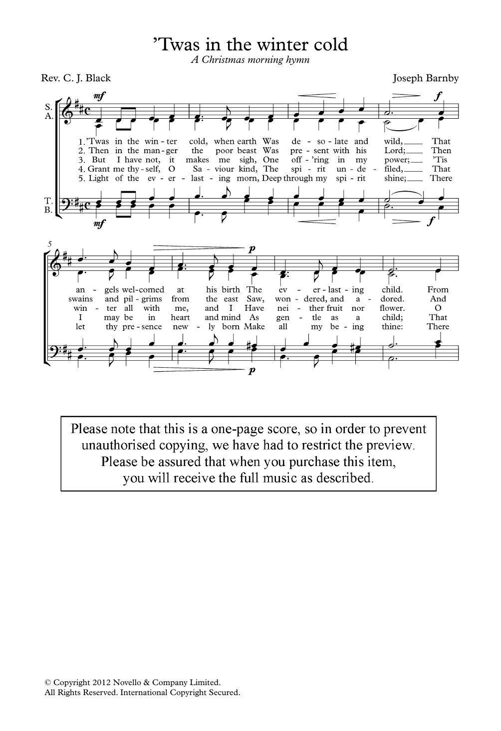 Joseph Barnby 'Twas In The Winter Cold sheet music notes printable PDF score