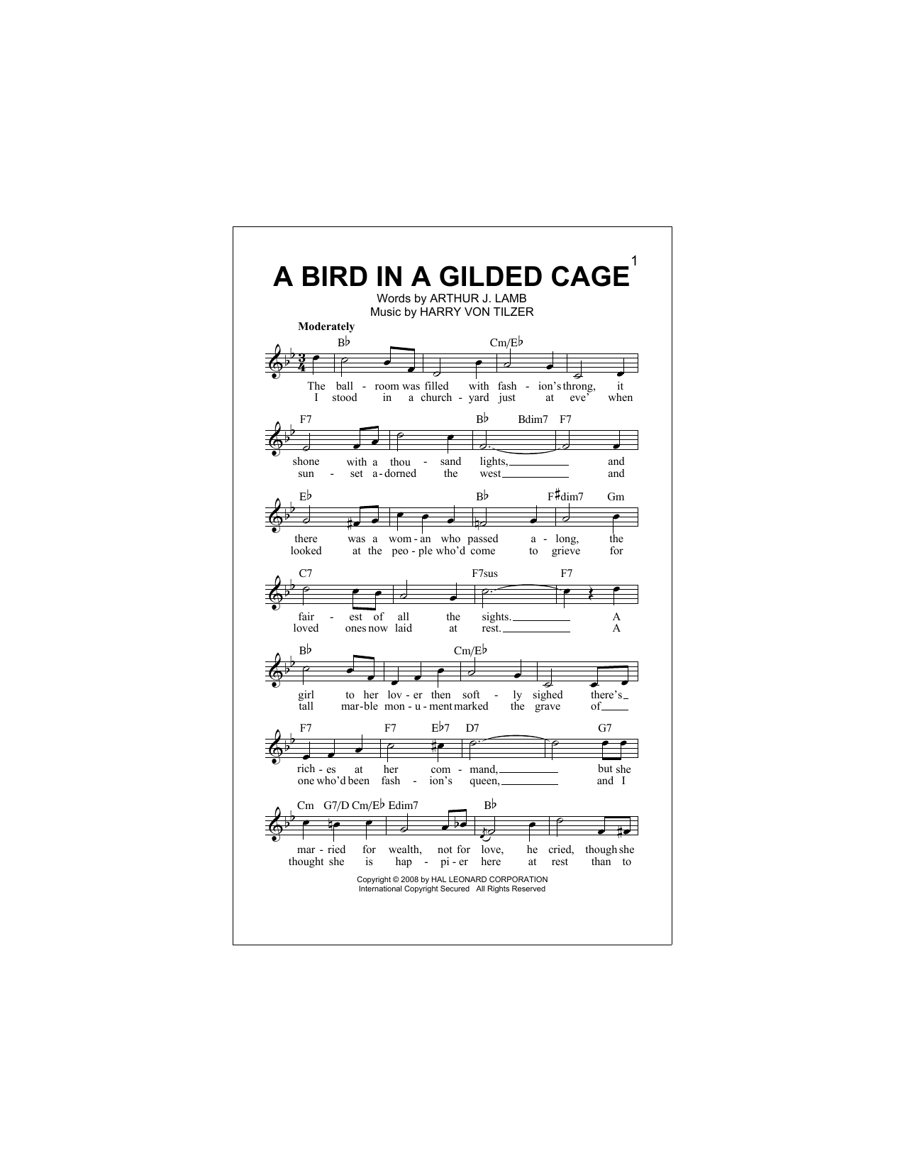 Download Harry von Tilzer A Bird In A Gilded Cage Sheet Music