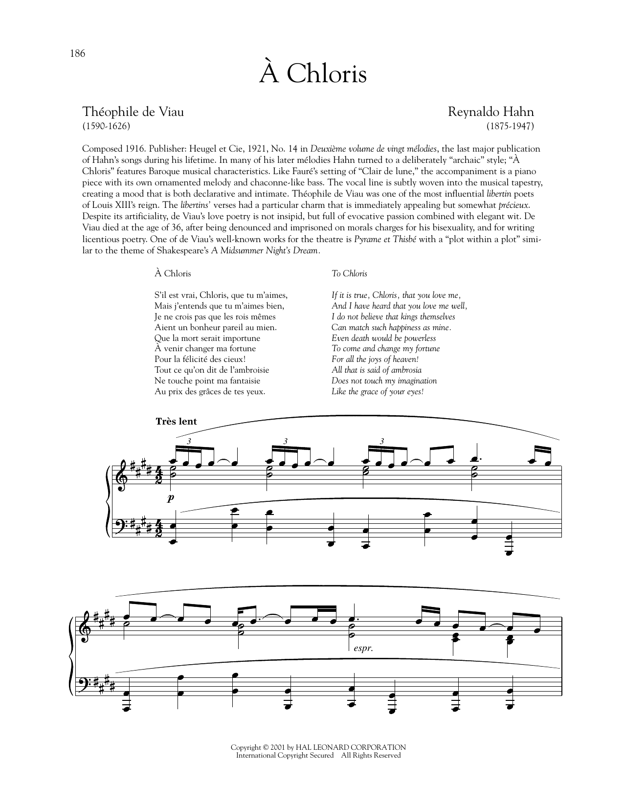 Download Reynaldo Hahn A Chloris Sheet Music