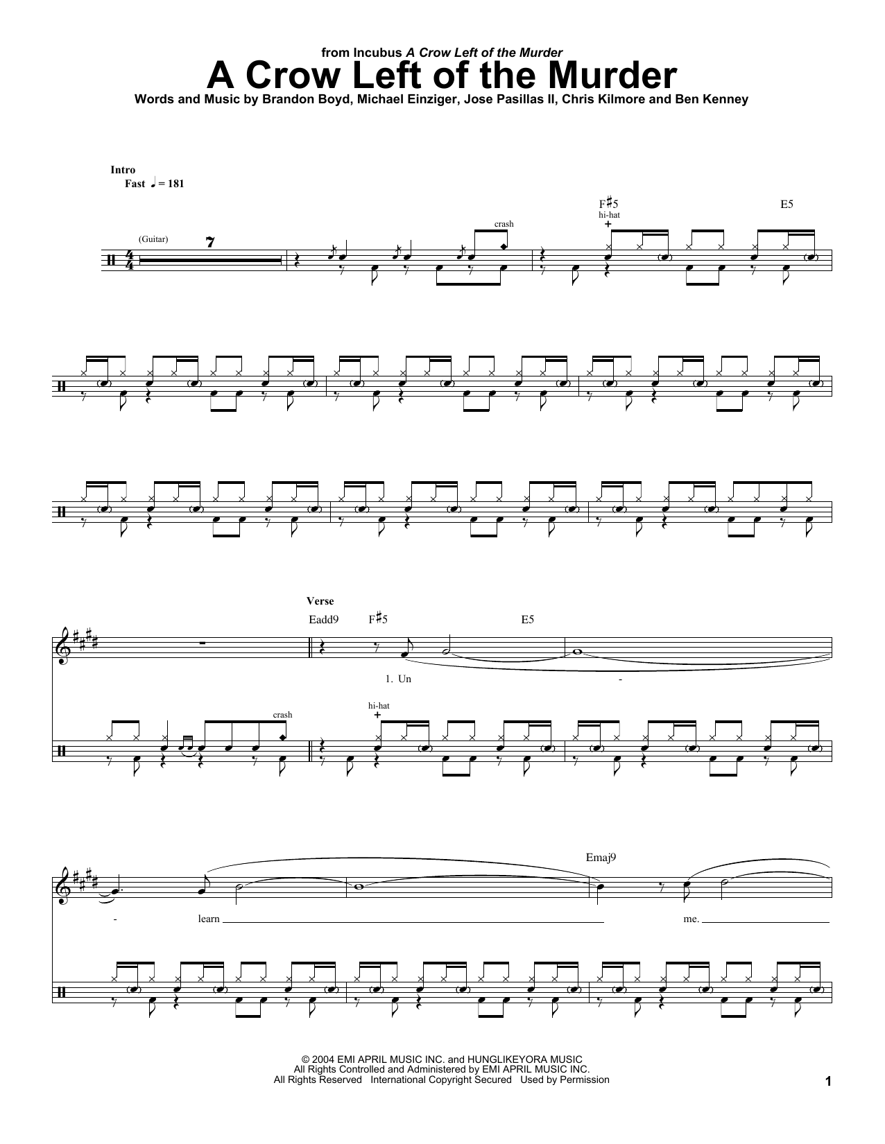 Download Incubus A Crow Left Of The Murder Sheet Music