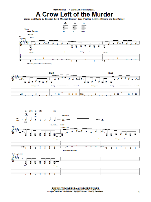Download Incubus A Crow Left Of The Murder Sheet Music