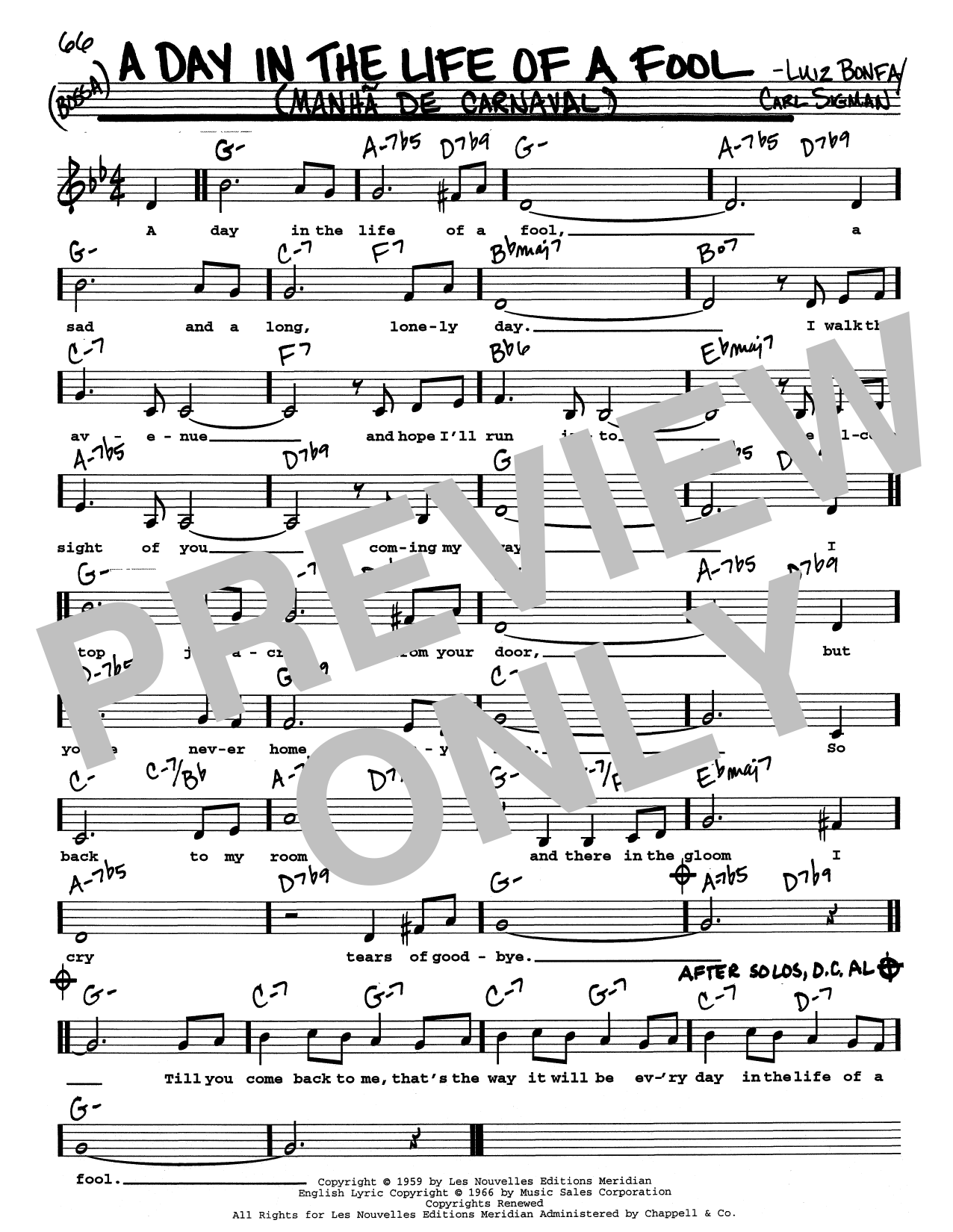 Carl Sigman & Luiz Bonfa A Day In The Life Of A Fool (Manha De Carnaval) (Low Voice) sheet music notes printable PDF score