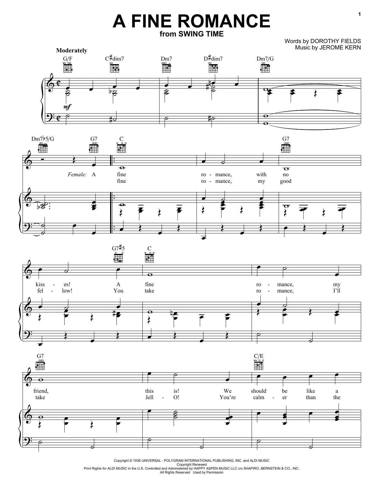 Download Jerome Kern A Fine Romance Sheet Music