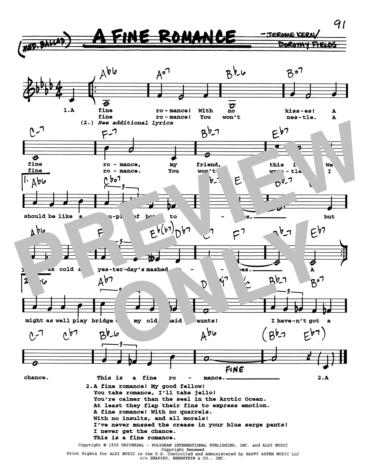 Jerome Kern A Fine Romance (Low Voice) sheet music notes printable PDF score