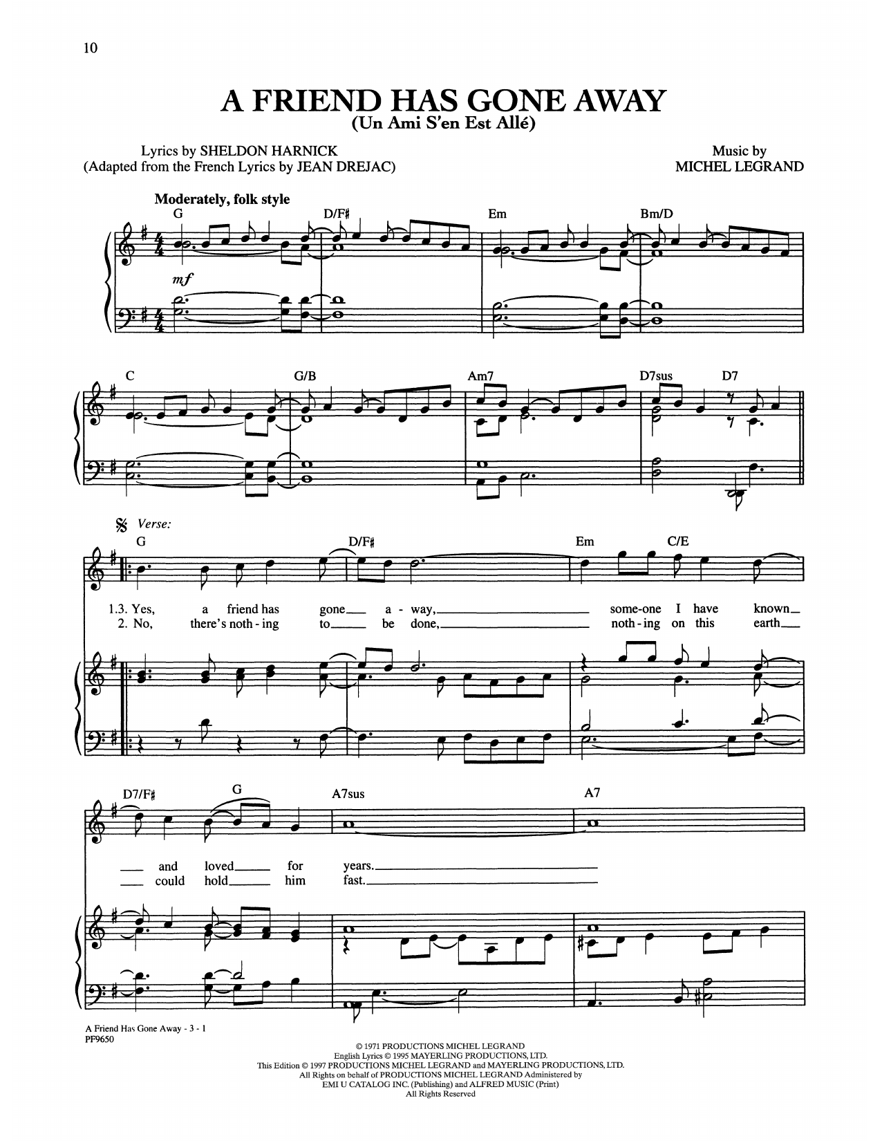 Download Michel Legrand and Sheldon Harnick A Friend Has Gone Away Sheet Music