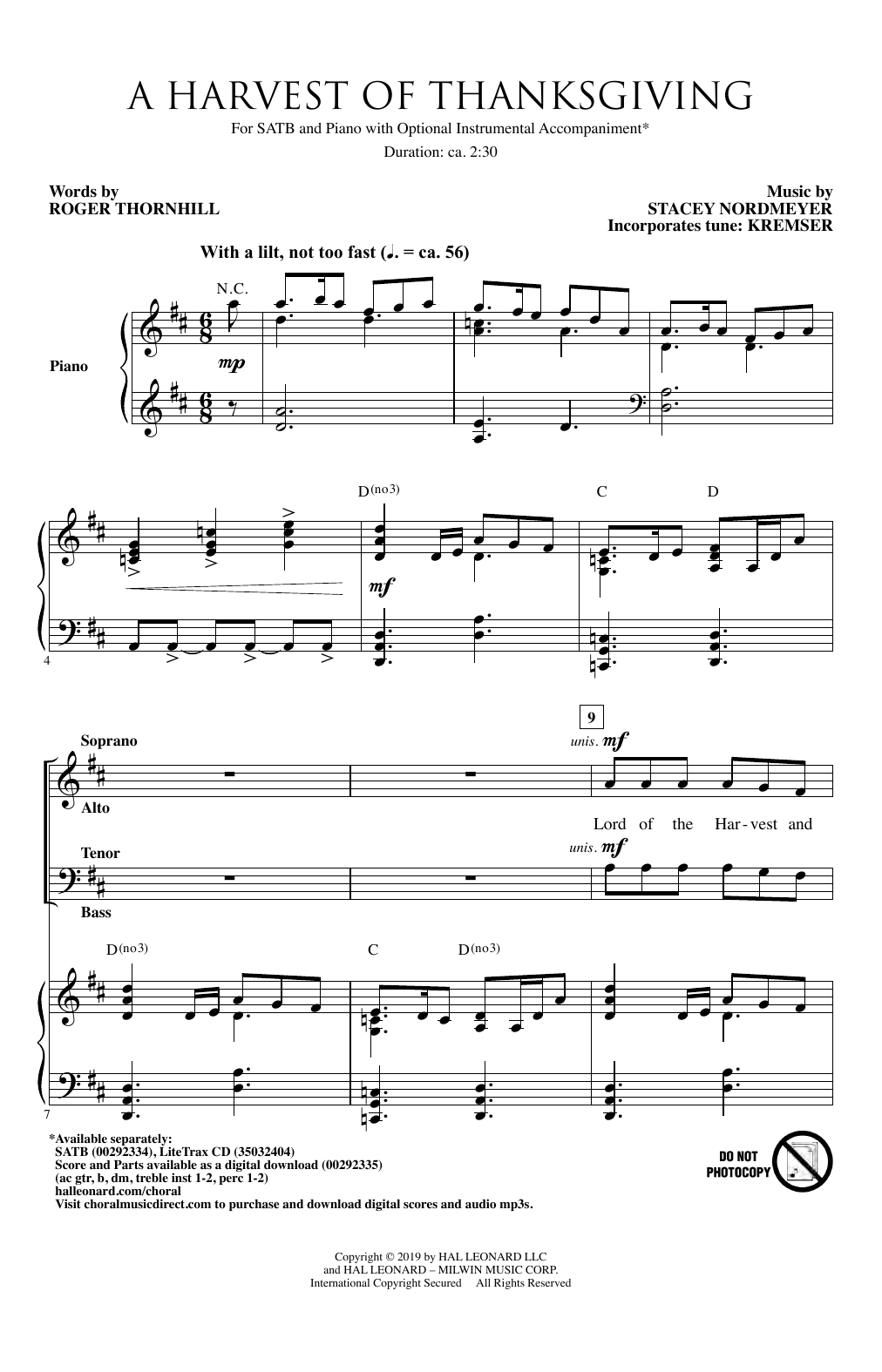 Download Roger Thornhill & Stacey Nordmeyer A Harvest Of Thanksgiving Sheet Music