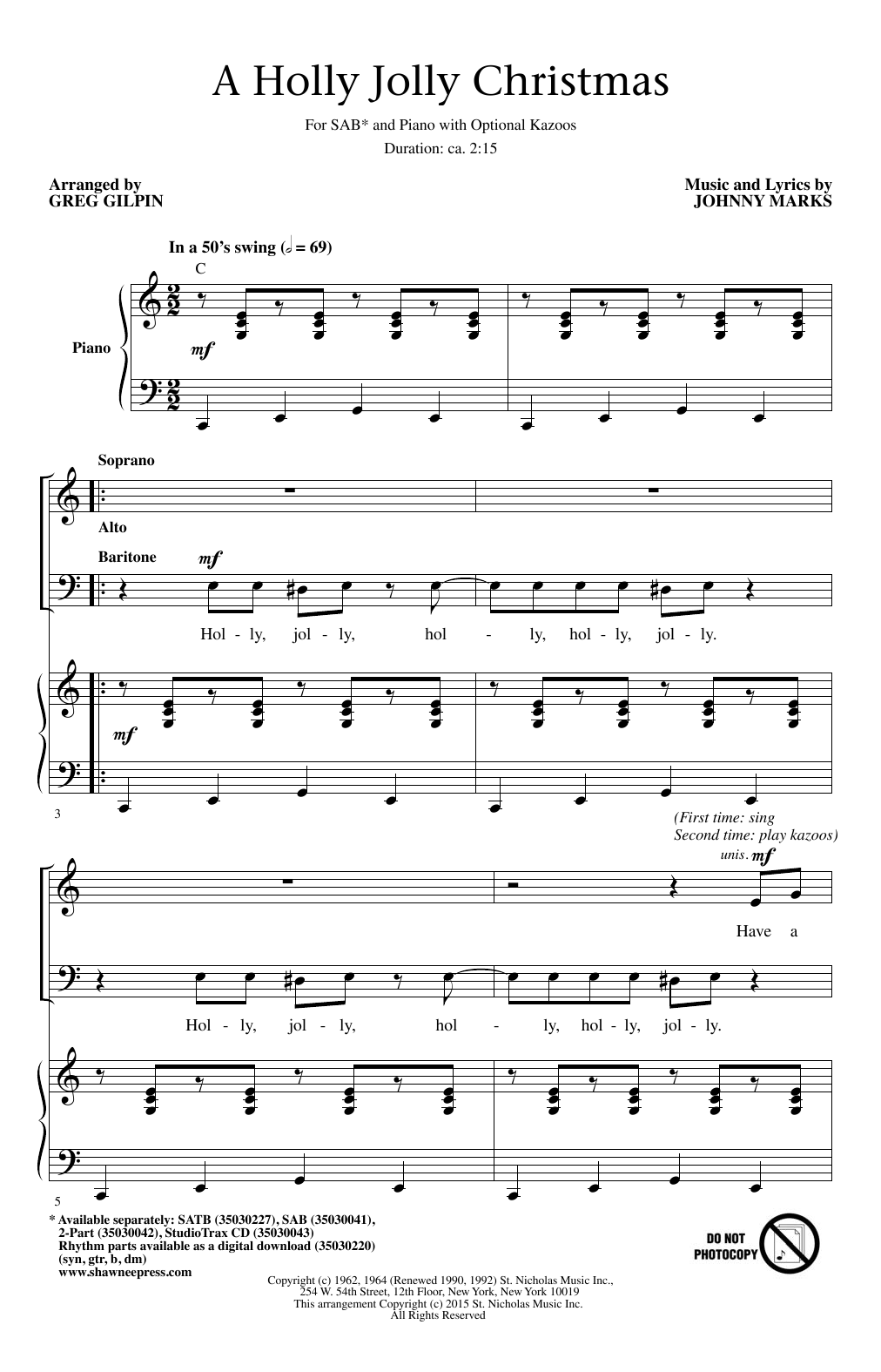Download Johnny Marks A Holly Jolly Christmas (arr. Greg Gilp Sheet Music