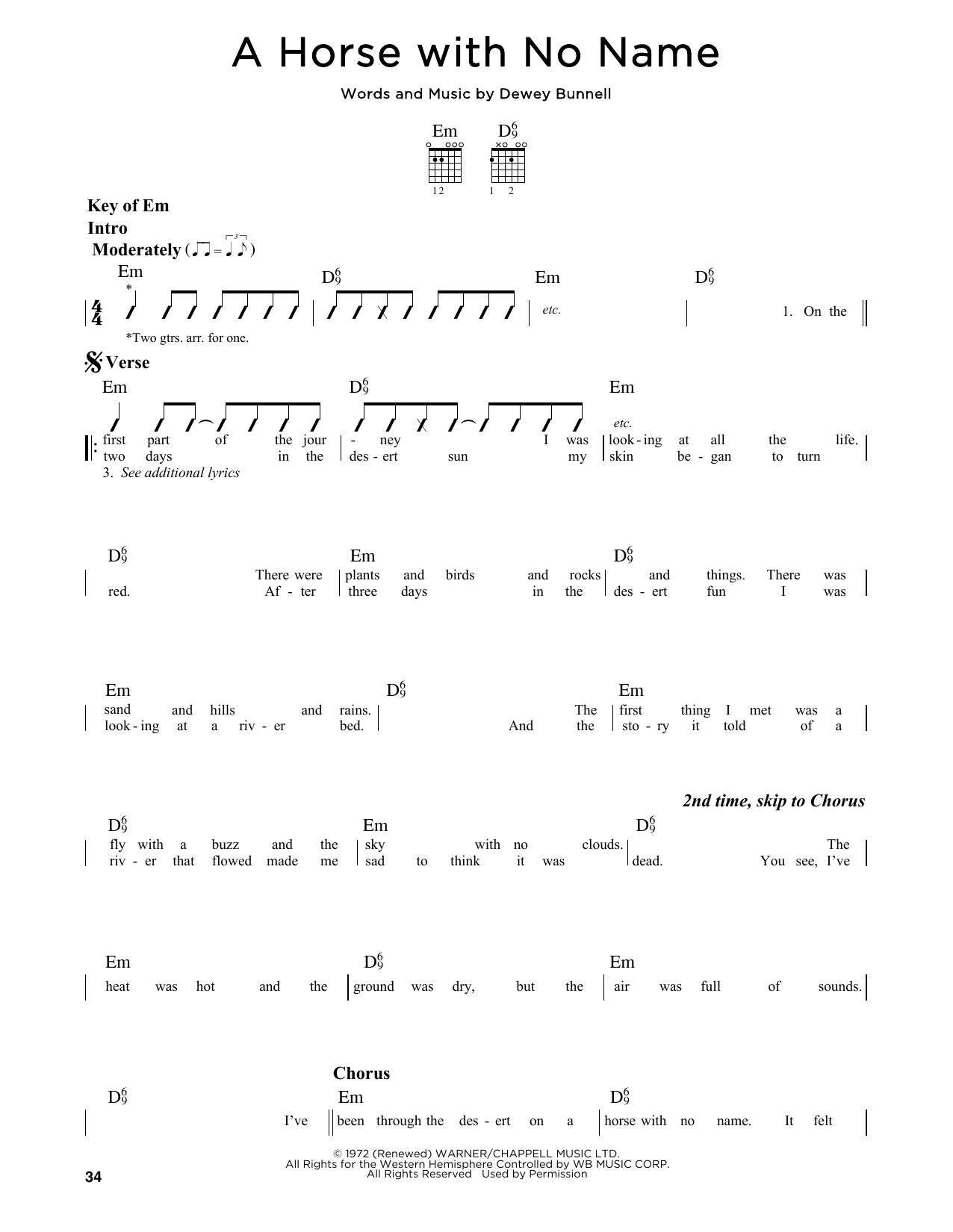 Download America A Horse With No Name Sheet Music