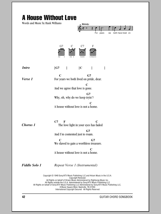 Download Hank Williams A House Without Love Sheet Music