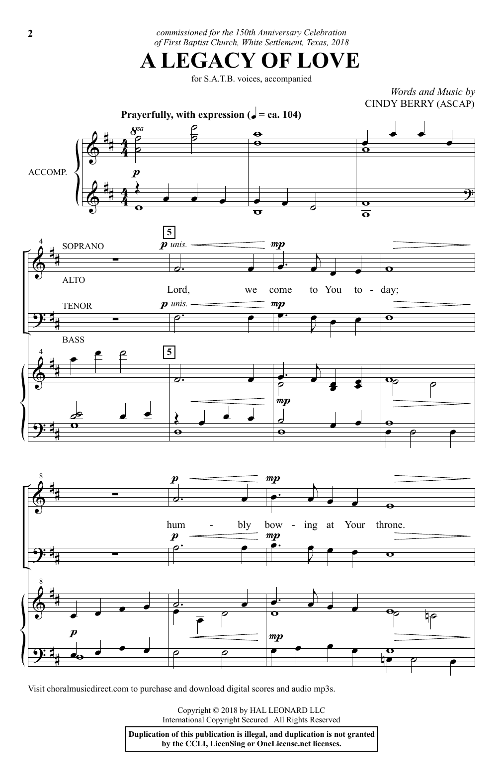 Download Cindy Berry A Legacy Of Love Sheet Music
