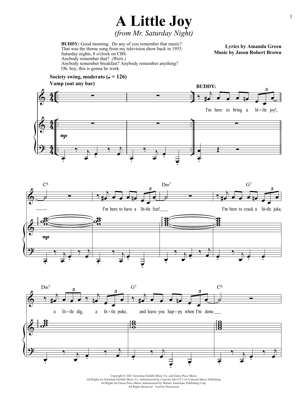 Jason Robert Brown and Amanda Green A Little Joy (from Mr. Saturday Night) sheet music notes printable PDF score
