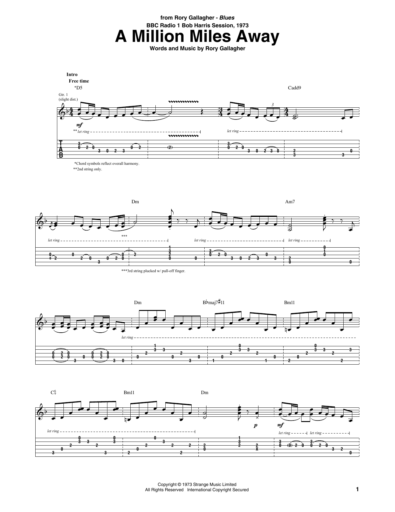 Download Rory Gallagher A Million Miles Away Sheet Music
