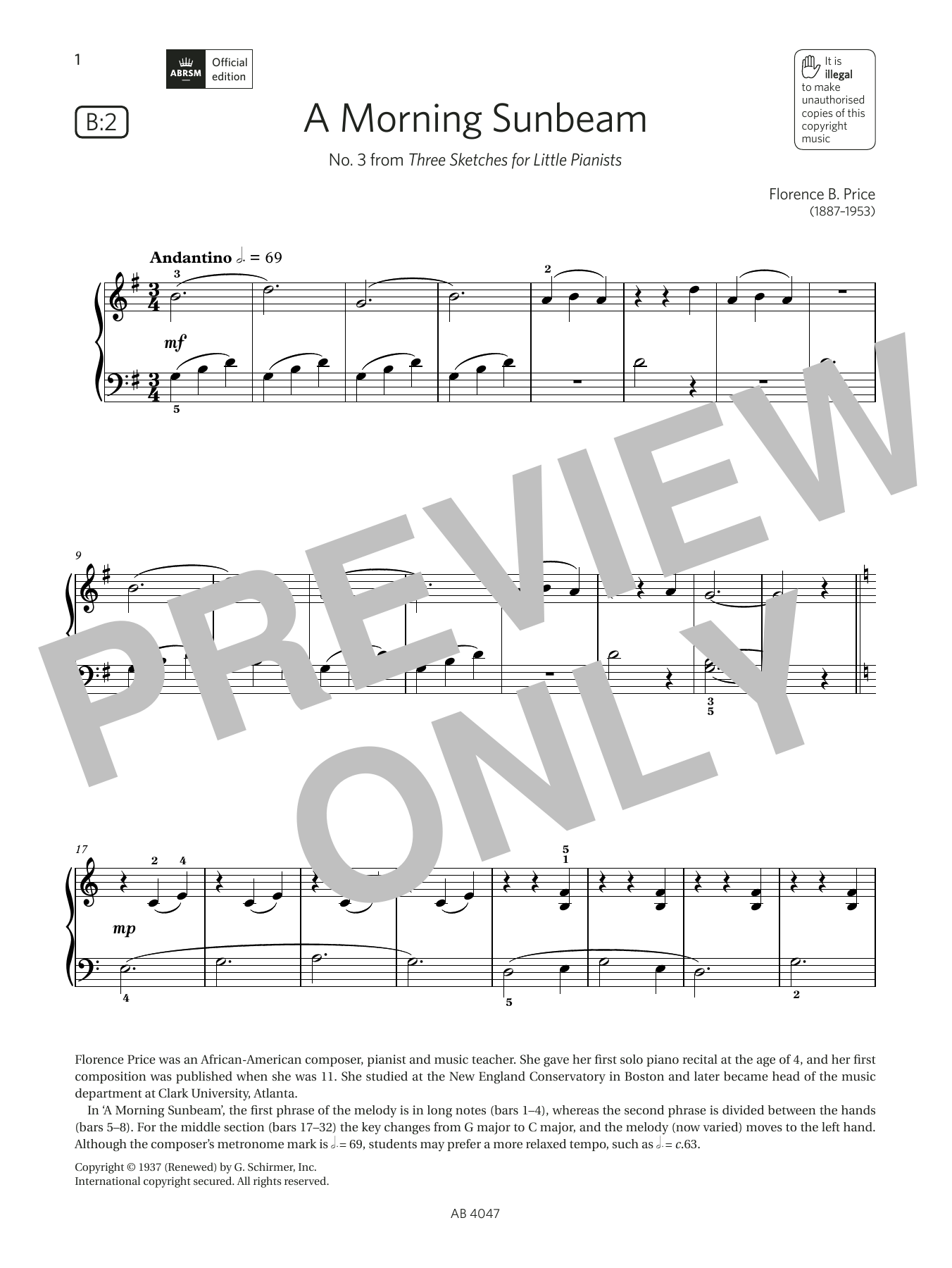 Download Florence B. Price A Morning Sunbeam (Grade 1, list B2, fr Sheet Music