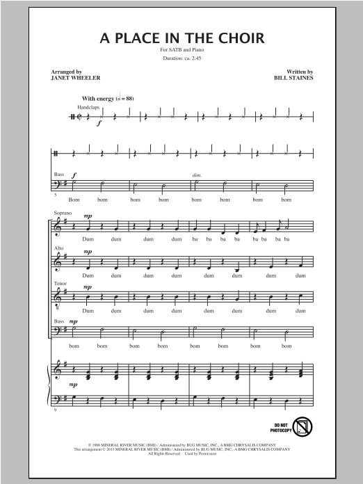 Download Bill Staines A Place In The Choir (arr. Janet Wheele Sheet Music