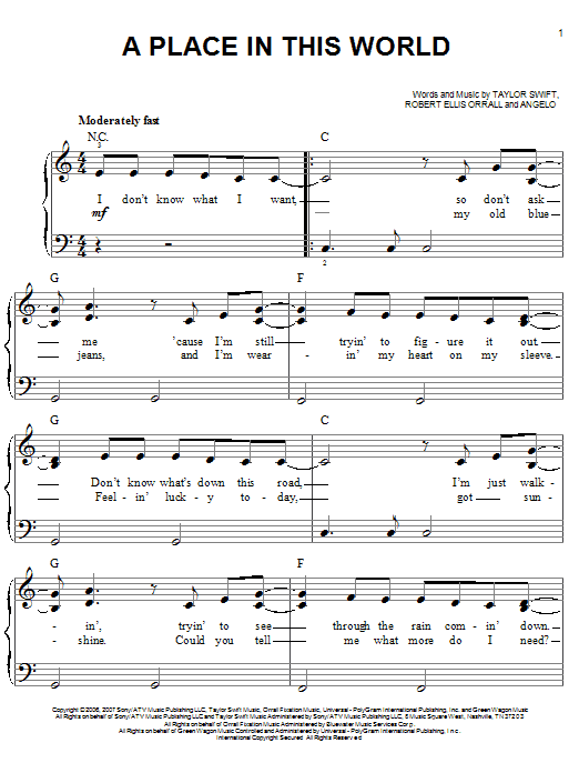 Download Taylor Swift A Place In This World Sheet Music