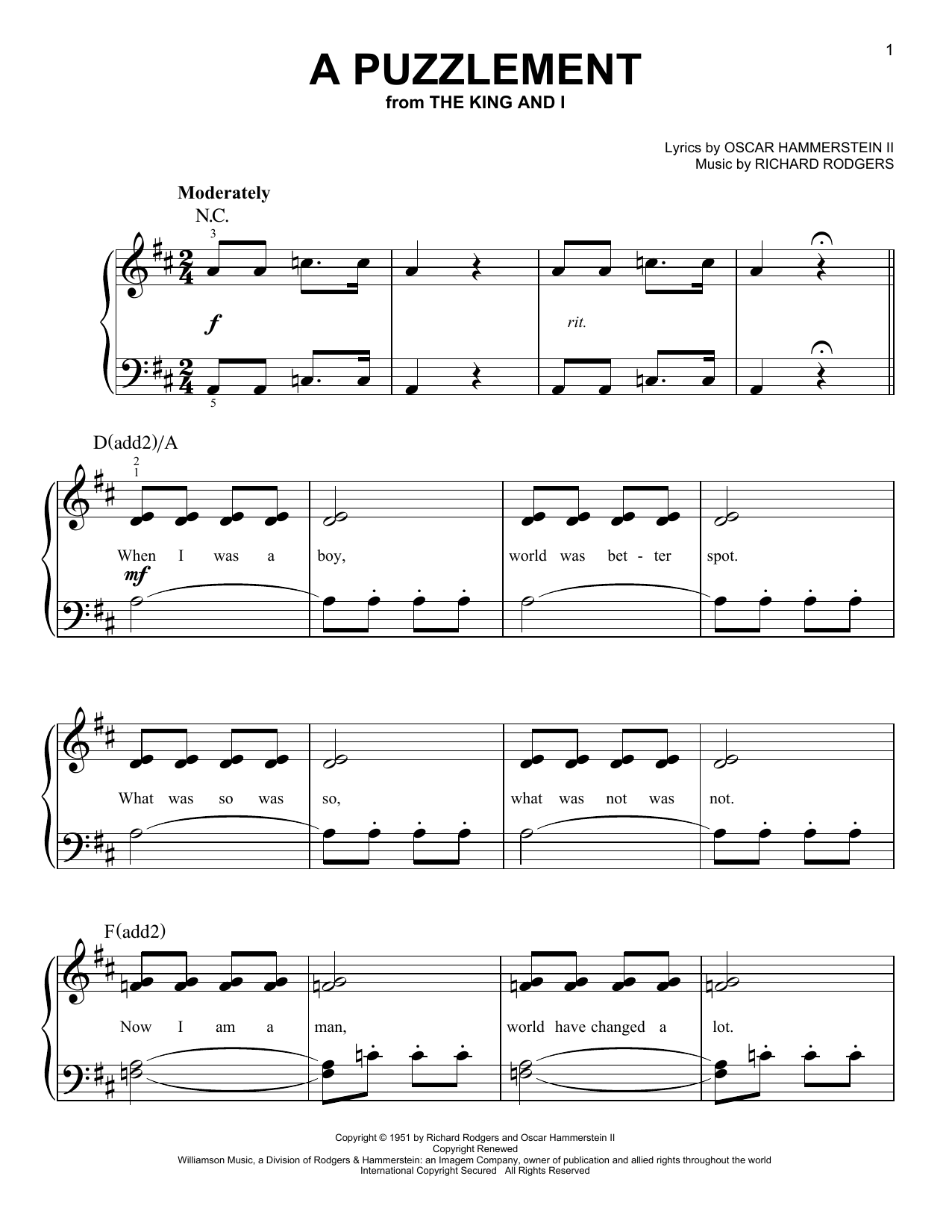Download Rodgers & Hammerstein A Puzzlement Sheet Music