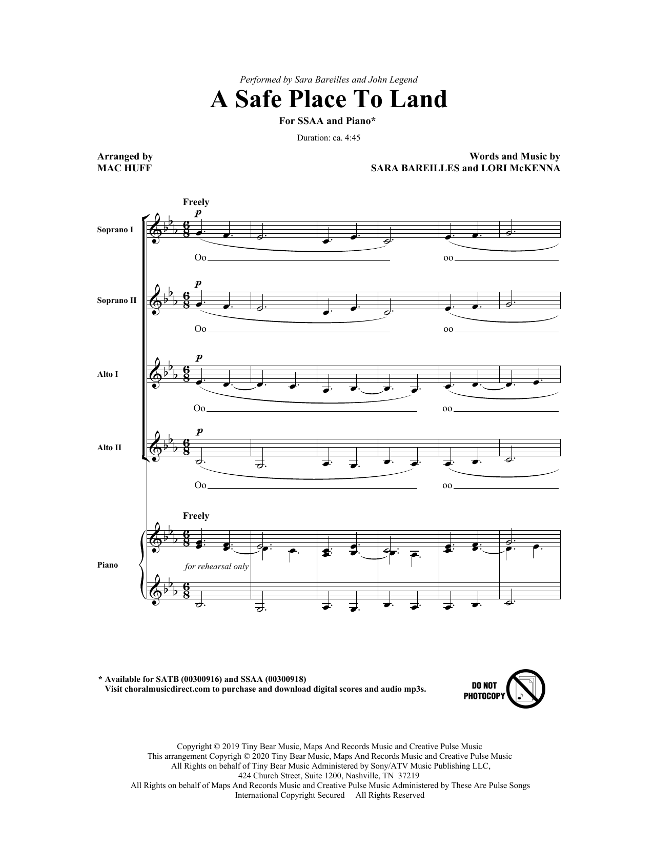 Download Sara Bareilles A Safe Place To Land (feat. John Legend Sheet Music