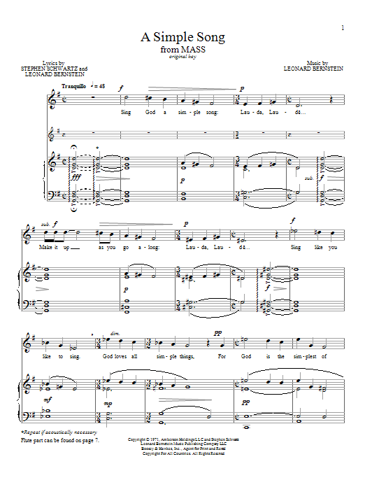 Download Leonard Bernstein A Simple Song Sheet Music