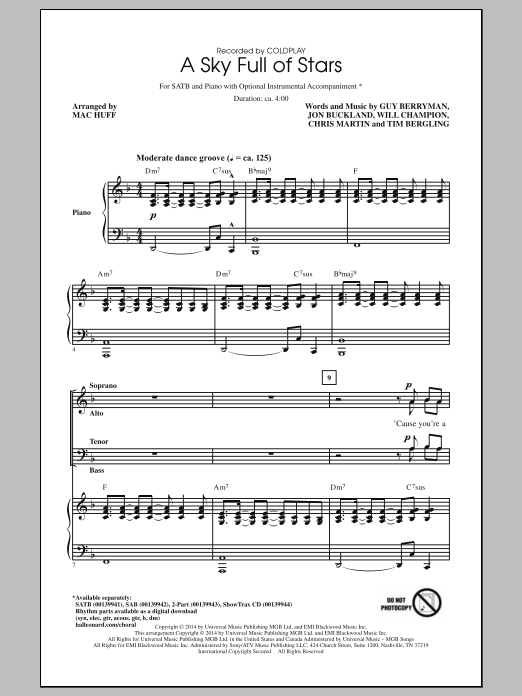 Download Coldplay A Sky Full Of Stars (arr. Mac Huff) Sheet Music