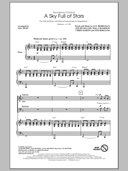 Download Coldplay A Sky Full Of Stars (arr. Mac Huff) Sheet Music