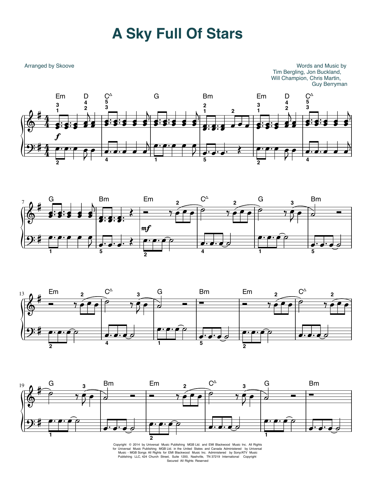 Download Coldplay A Sky Full Of Stars (arr. Skoove) Sheet Music