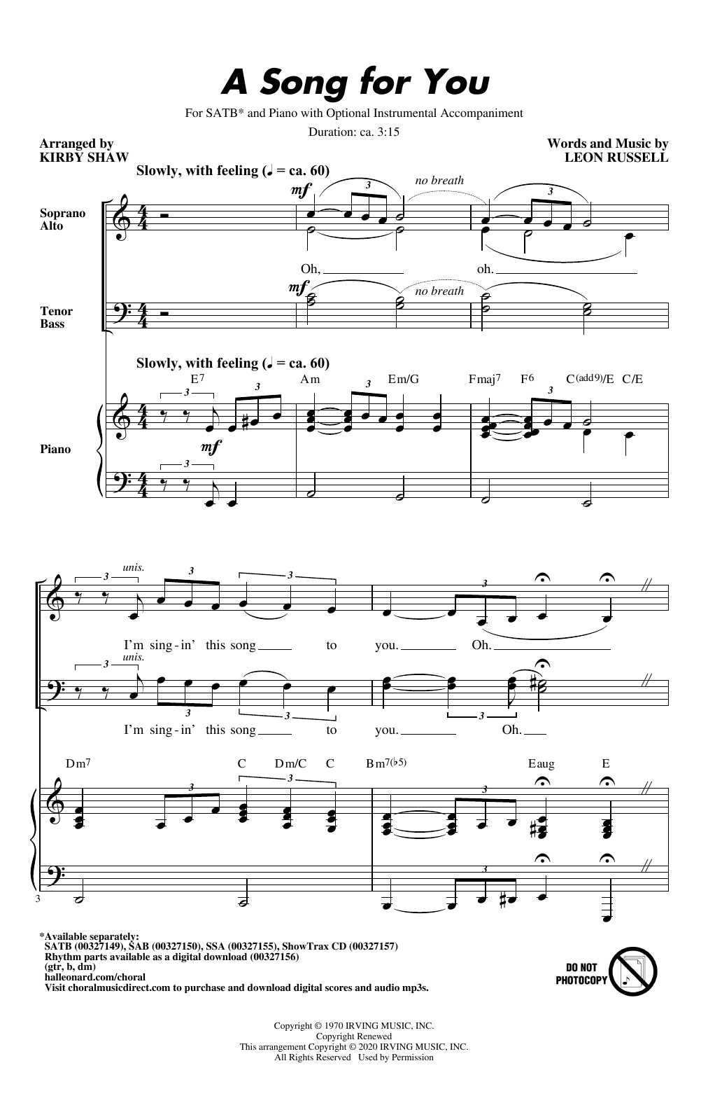 Download Leon Russell A Song For You (arr. Kirby Shaw) Sheet Music
