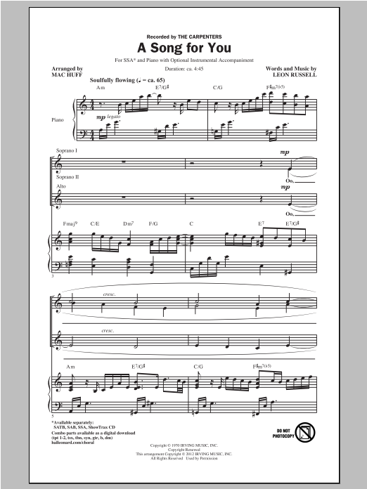 Download Carpenters A Song For You (arr. Mac Huff) Sheet Music