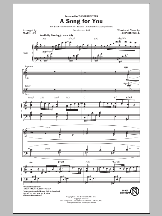 Download The Carpenters A Song For You (arr. Mac Huff) Sheet Music