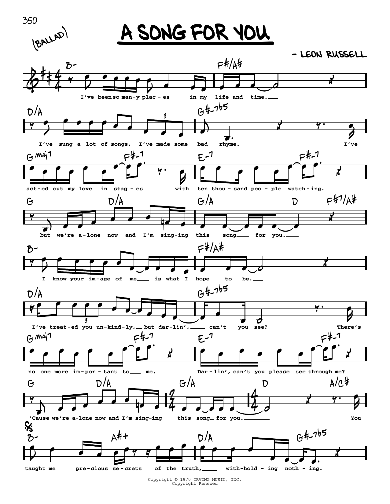 Download The Carpenters A Song For You (High Voice) Sheet Music