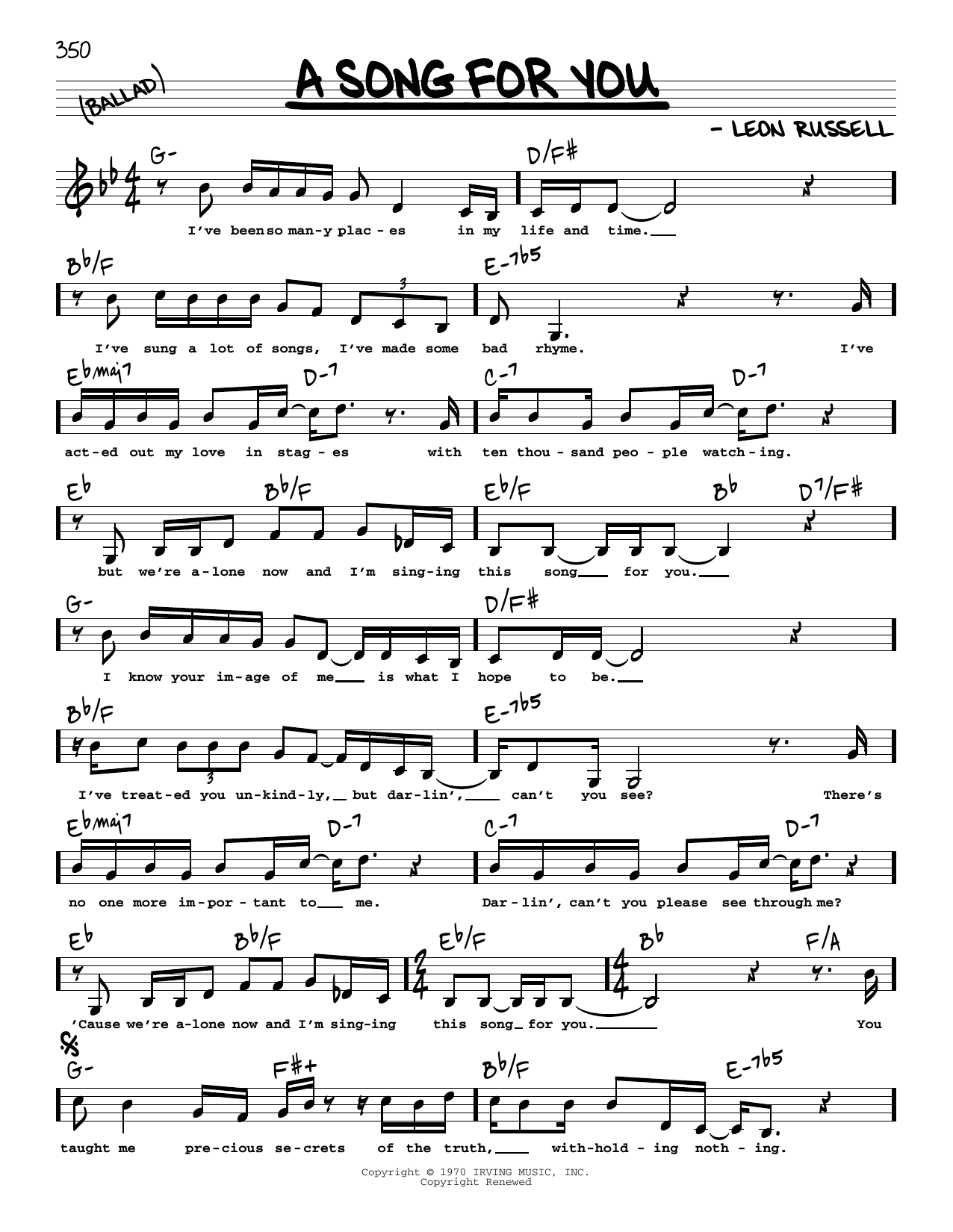 Download The Carpenters A Song For You (Low Voice) Sheet Music
